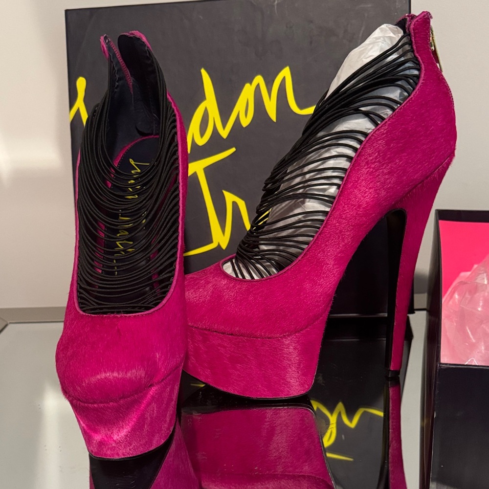 London Trash Hot Pink Platform Pumps with Black Strappy Detail